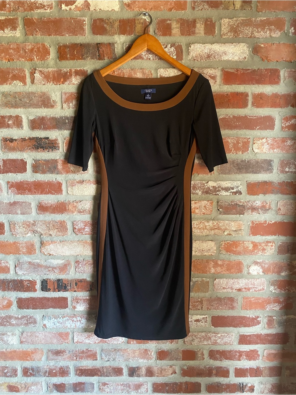 Chaps by Ralph Lauren Black Midi Dress with Brown Trim